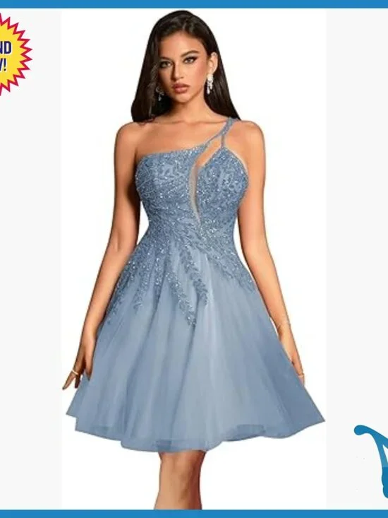 One Shoulder Beaded Tulle Prom Dress with Pockets A Line Formal - Picture 1 of 7